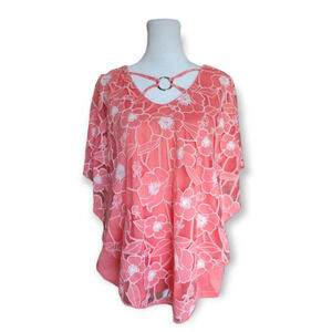 New NY Collections Womens Floral Print Lace Overlay‎ Blouse Size Large